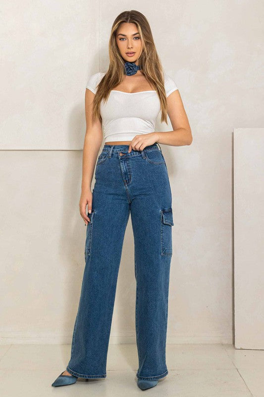 High-Rise Wide Jeans with Criss-Crossed Waist and Cargo Pockets | Stylish and Functional