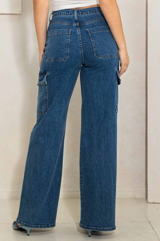 High-Rise Wide Jeans with Criss-Crossed Waist and Cargo Pockets | Stylish and Functional