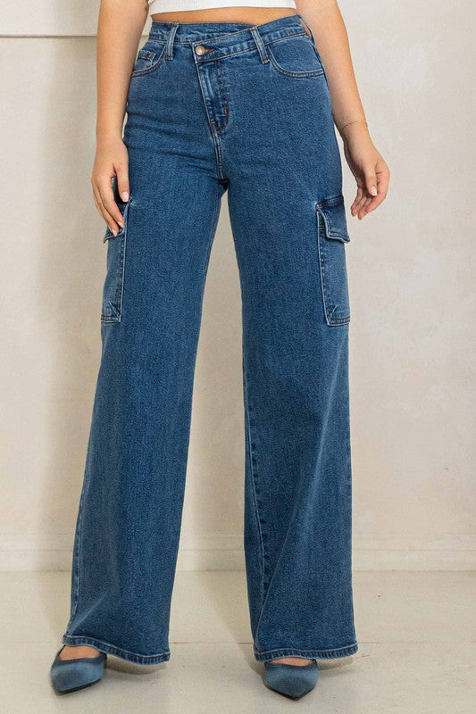 High-Rise Wide Jeans with Criss-Crossed Waist and Cargo Pockets | Stylish and Functional