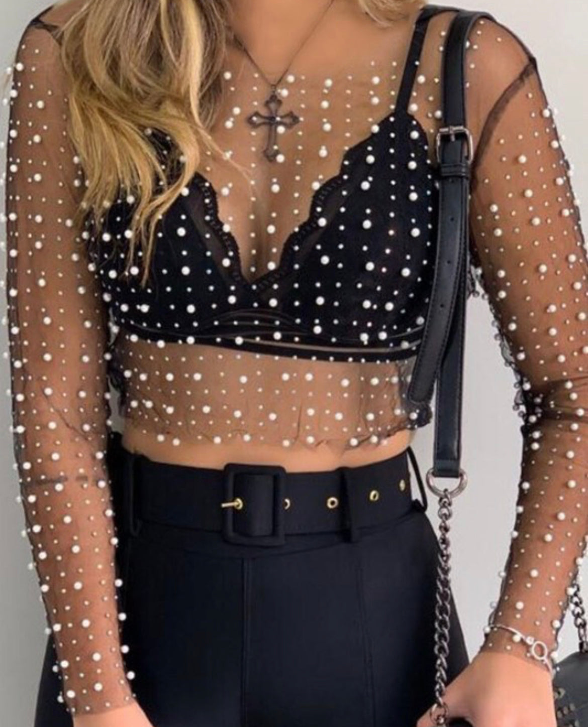 Women's Mesh Top with Rhinestones and Pearls: Embrace the Chic Design for Every Occasion