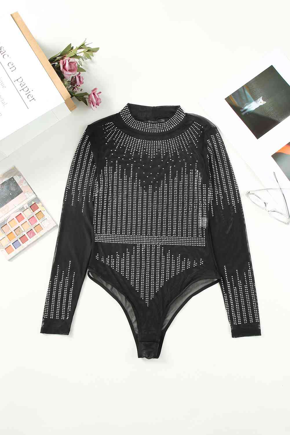 Sparkling Rhinestone Round Neck Long Sleeve Bodysuit