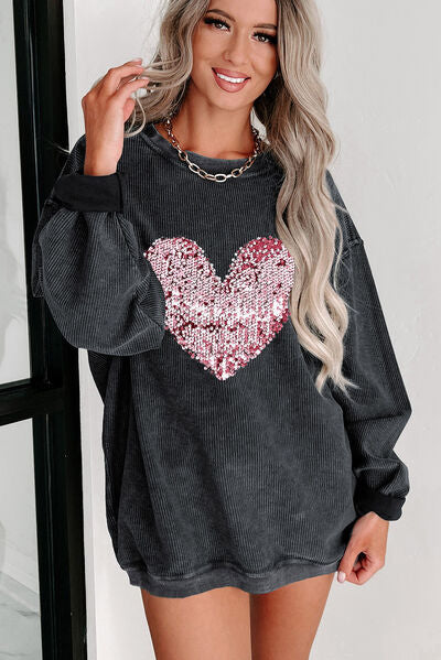 Heart Sequin Round Neck Sweatshirt – Cozy with a Sparkle of Love