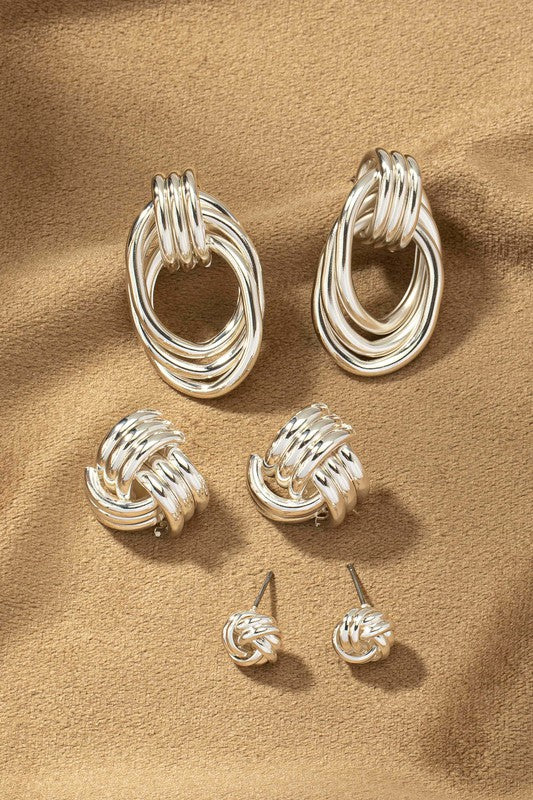 Premium Trio Metal Knot and Hoop Earrings | Shiny Gold Plating | Set of 3