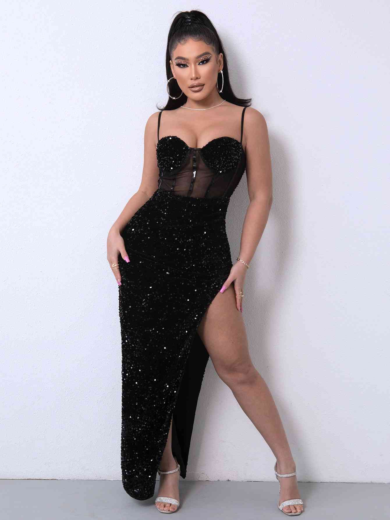 Chic Sequin Spliced Mesh Maxi Dress | Elegance Meets Glamour