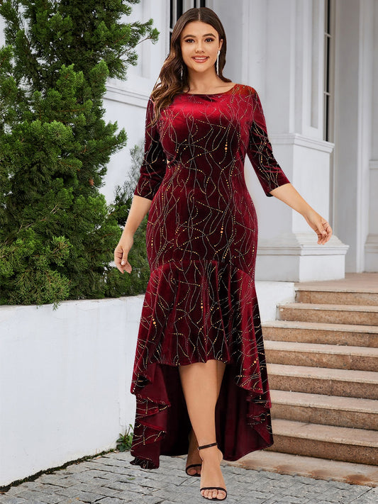 Elegant Plus Size Ruffle Hem High-Low Dress