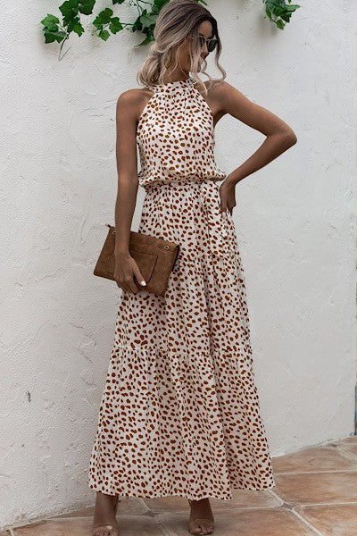Elegant Halter Maxi Dress – Buttoned Sophistication with Waist Tie