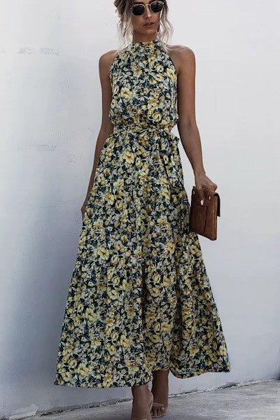 Elegant Halter Maxi Dress – Buttoned Sophistication with Waist Tie