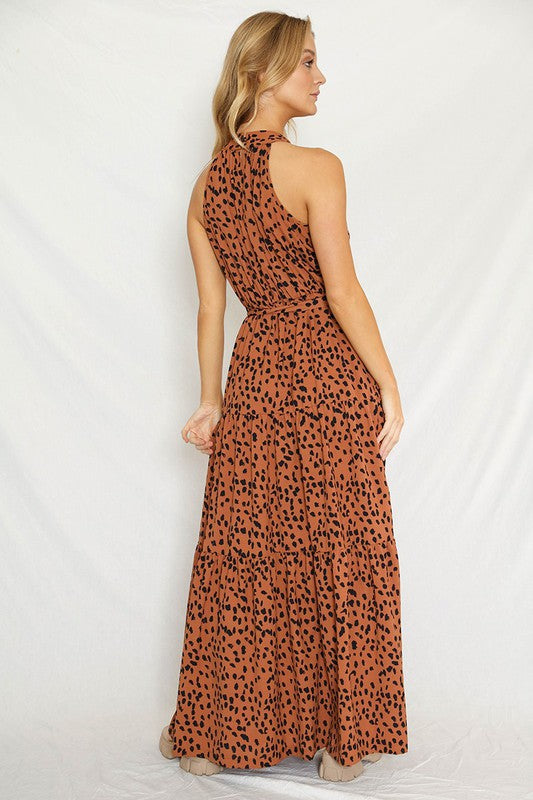 Elegant Halter Maxi Dress – Buttoned Sophistication with Waist Tie