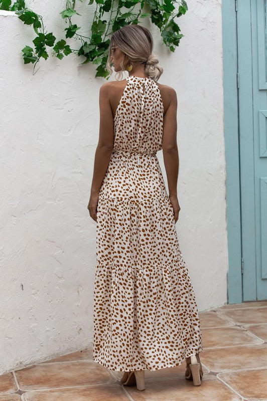 Elegant Halter Maxi Dress – Buttoned Sophistication with Waist Tie