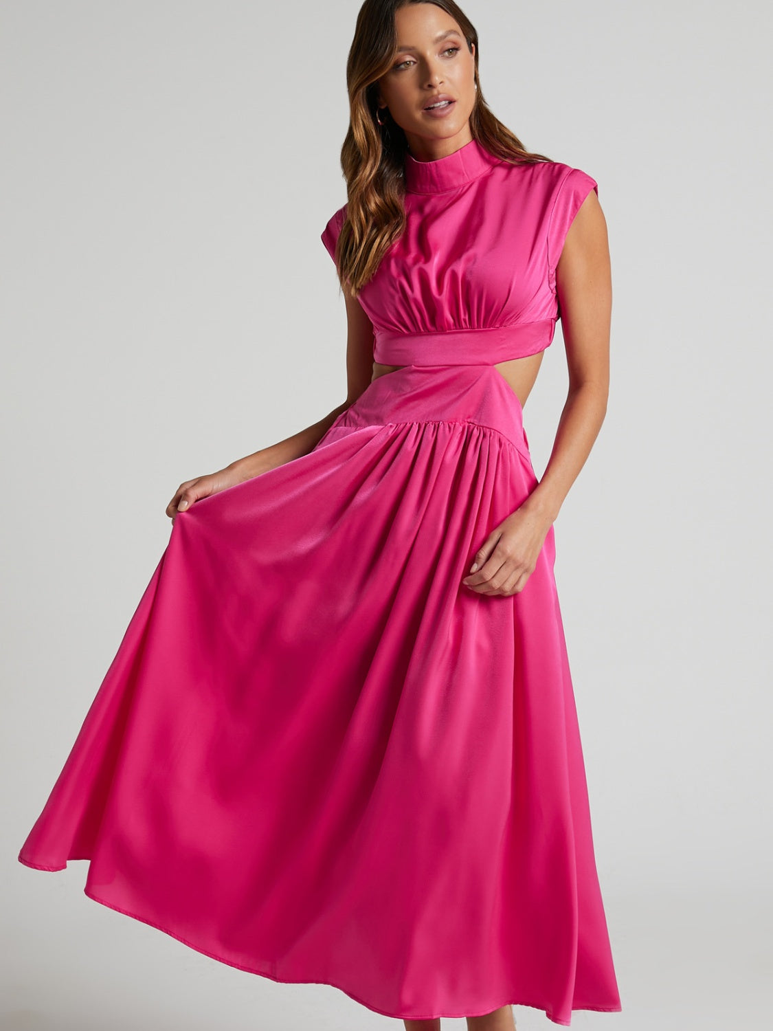 Mock Neck Sleeveless Ruched Dress with Cutout – Bold Elegance in Vibrant Colors