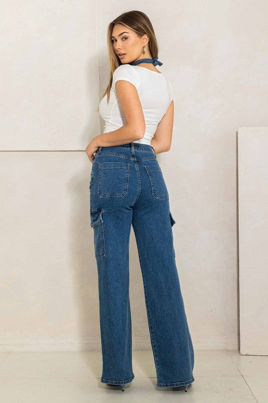 High-Rise Wide Jeans with Criss-Crossed Waist and Cargo Pockets | Stylish and Functional