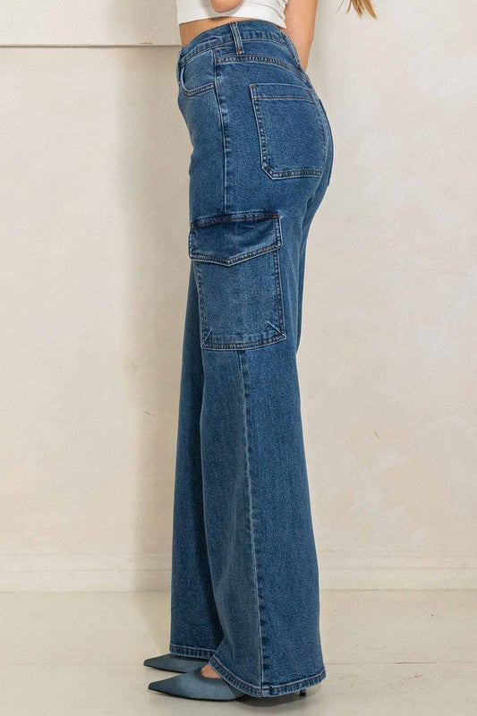 High-Rise Wide Jeans with Criss-Crossed Waist and Cargo Pockets | Stylish and Functional