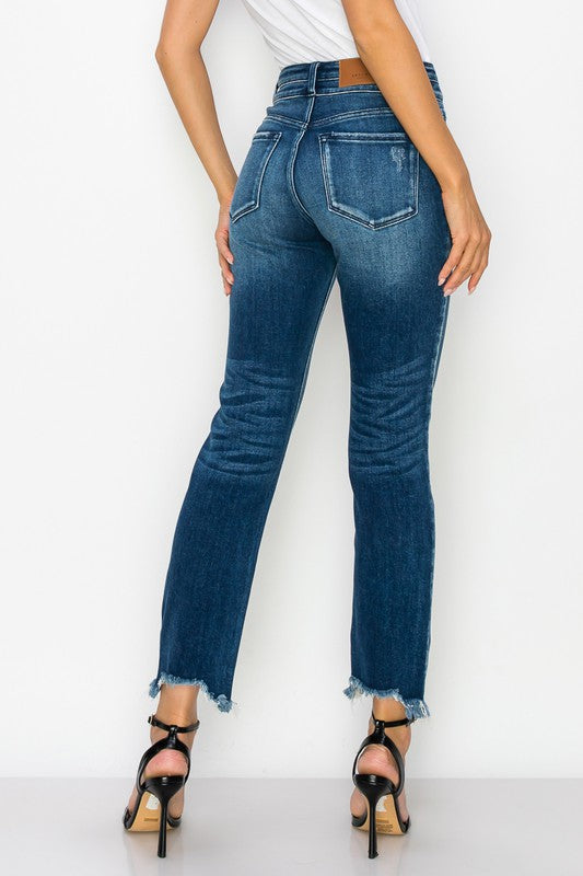 High-Waisted Stretch Denim Ankle Length Jeans with Natural Frayed Hem | Dark Stone Wash