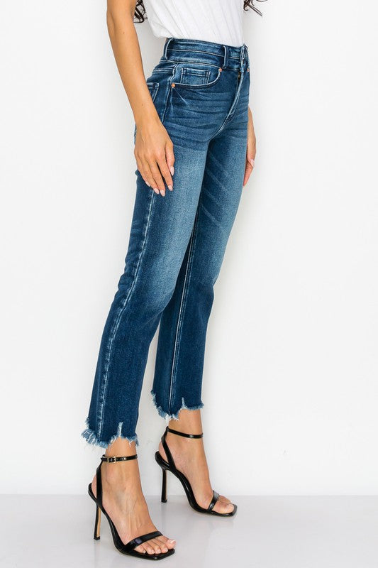 High-Waisted Stretch Denim Ankle Length Jeans with Natural Frayed Hem | Dark Stone Wash