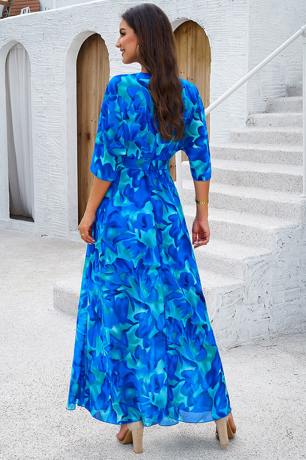 Elegant Printed Tied Half Sleeve Slit Dress