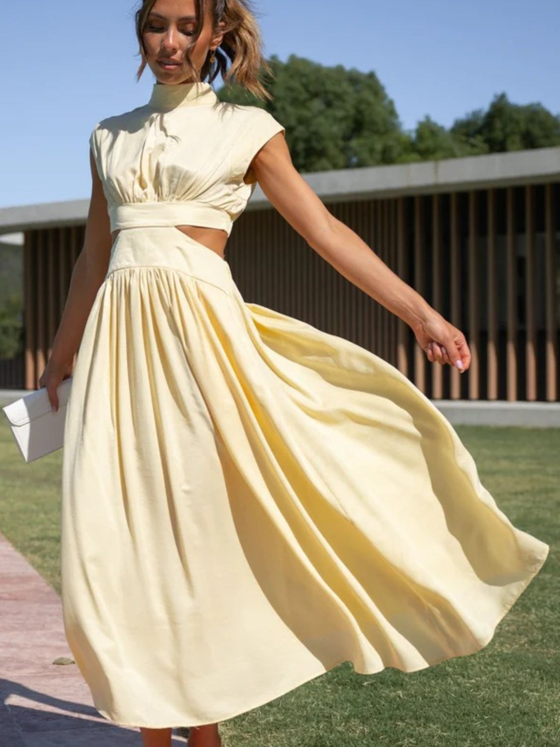 Mock Neck Sleeveless Ruched Dress with Cutout – Bold Elegance in Vibrant Colors
