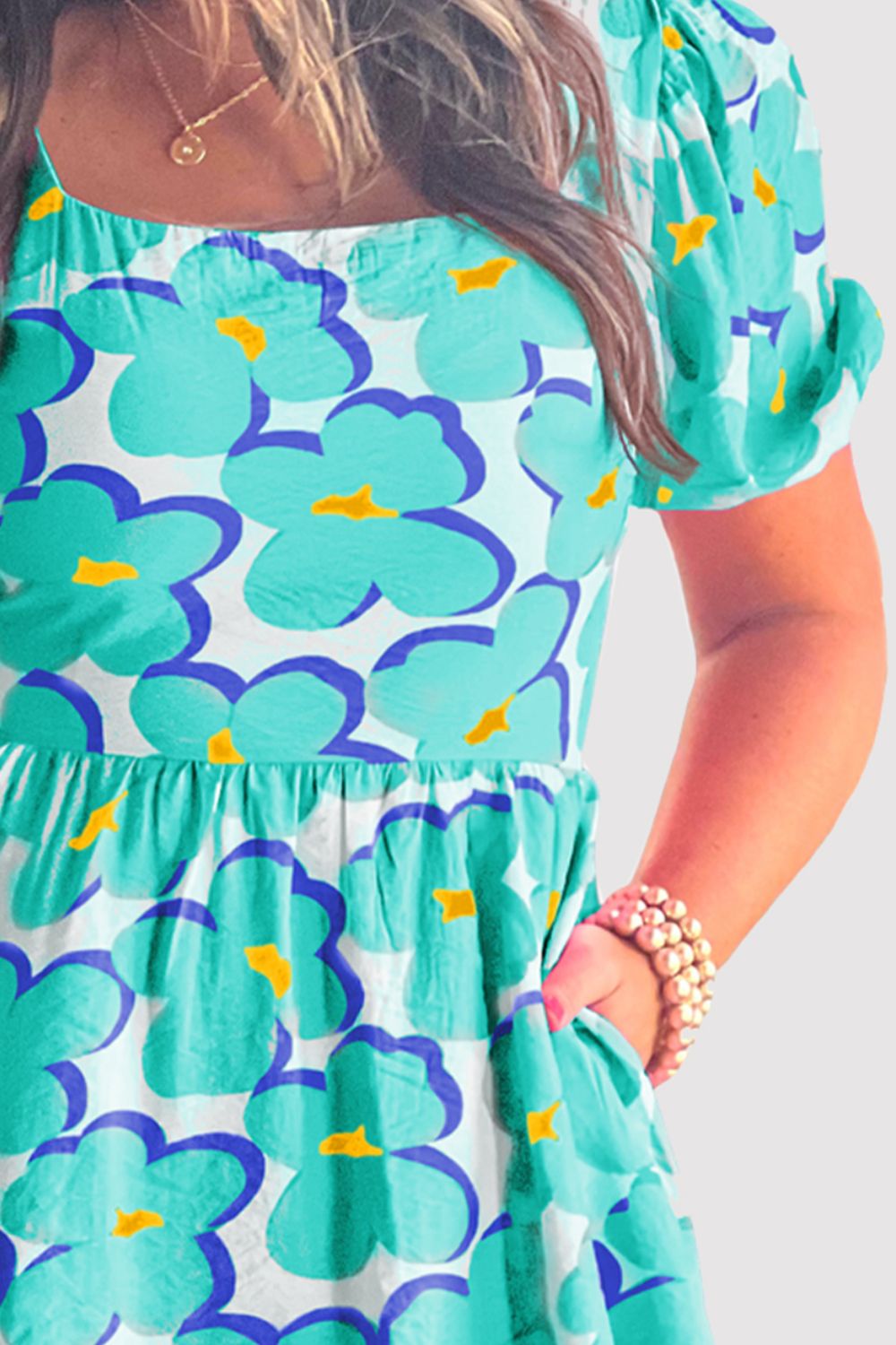 Vibrant Printed Square Neck Short Sleeve Dress