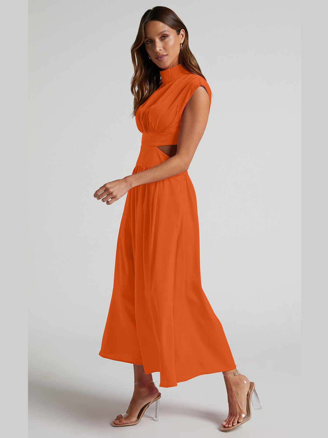 Mock Neck Sleeveless Ruched Dress with Cutout – Bold Elegance in Vibrant Colors