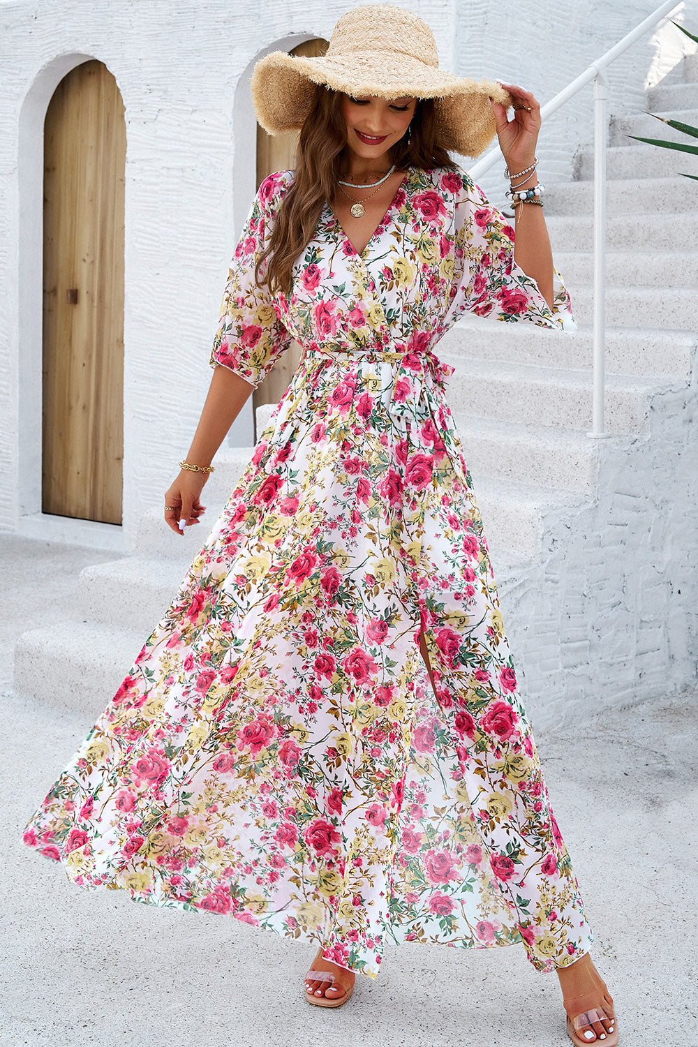Elegant Printed Tied Half Sleeve Slit Dress