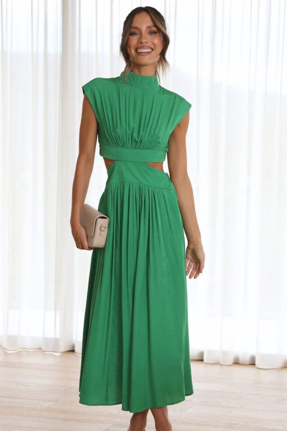 Mock Neck Sleeveless Ruched Dress with Cutout – Bold Elegance in Vibrant Colors