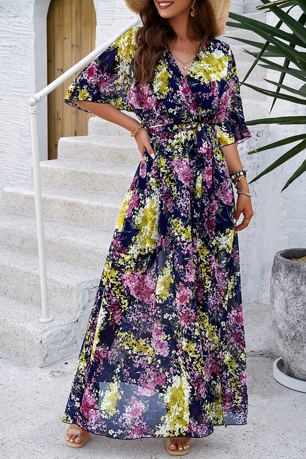 Elegant Printed Tied Half Sleeve Slit Dress