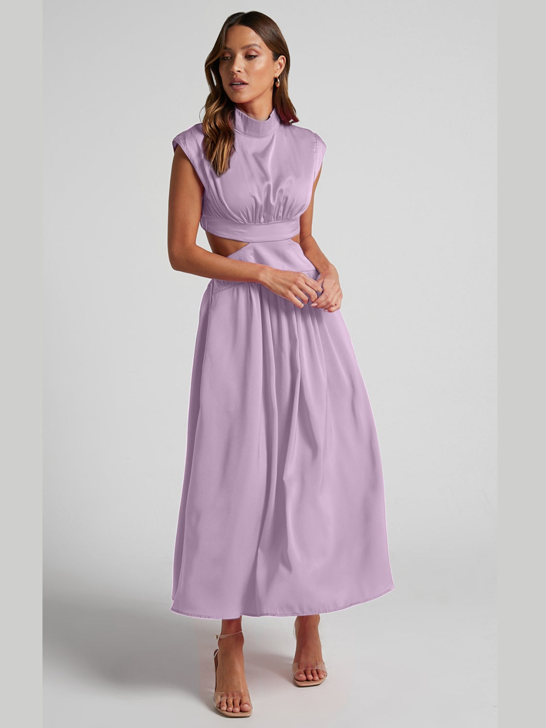Mock Neck Sleeveless Ruched Dress with Cutout – Bold Elegance in Vibrant Colors