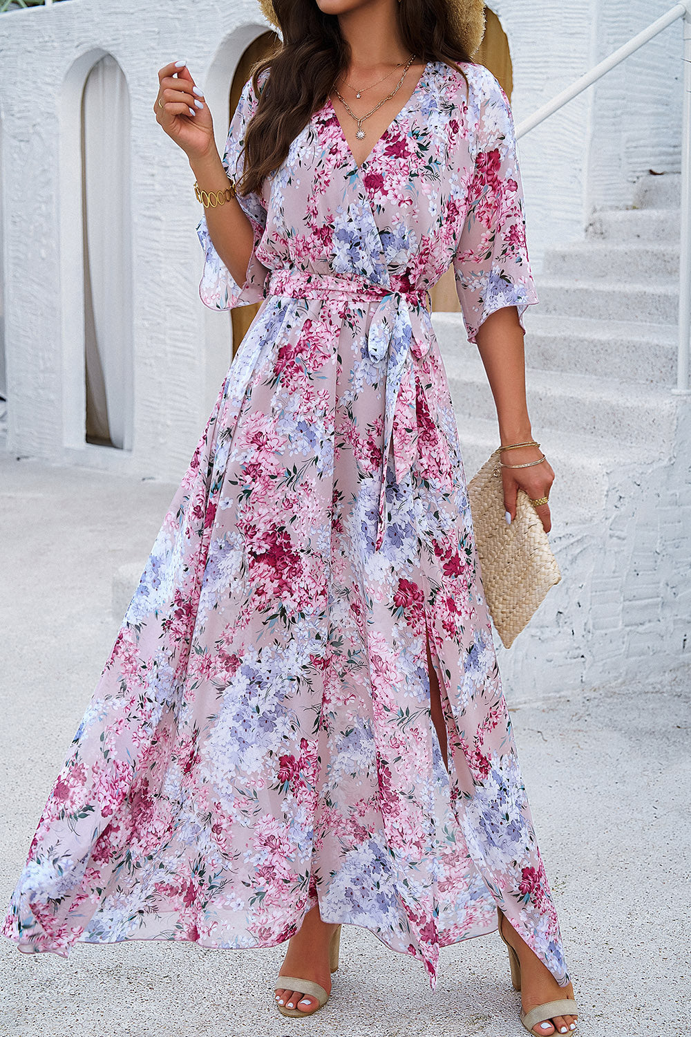 Printed Tied Half Sleeve Slit Dress