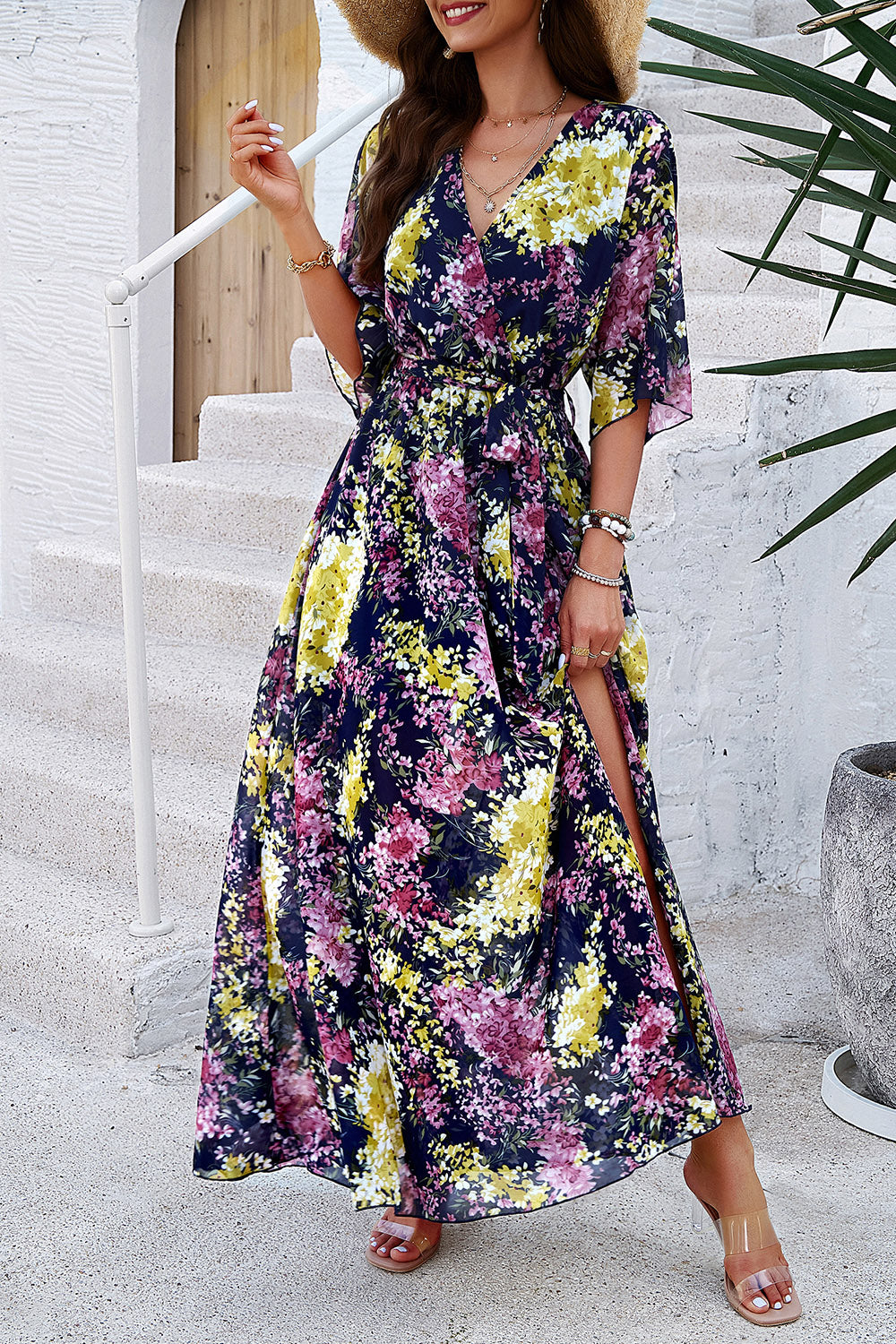 Elegant Printed Tied Half Sleeve Slit Dress