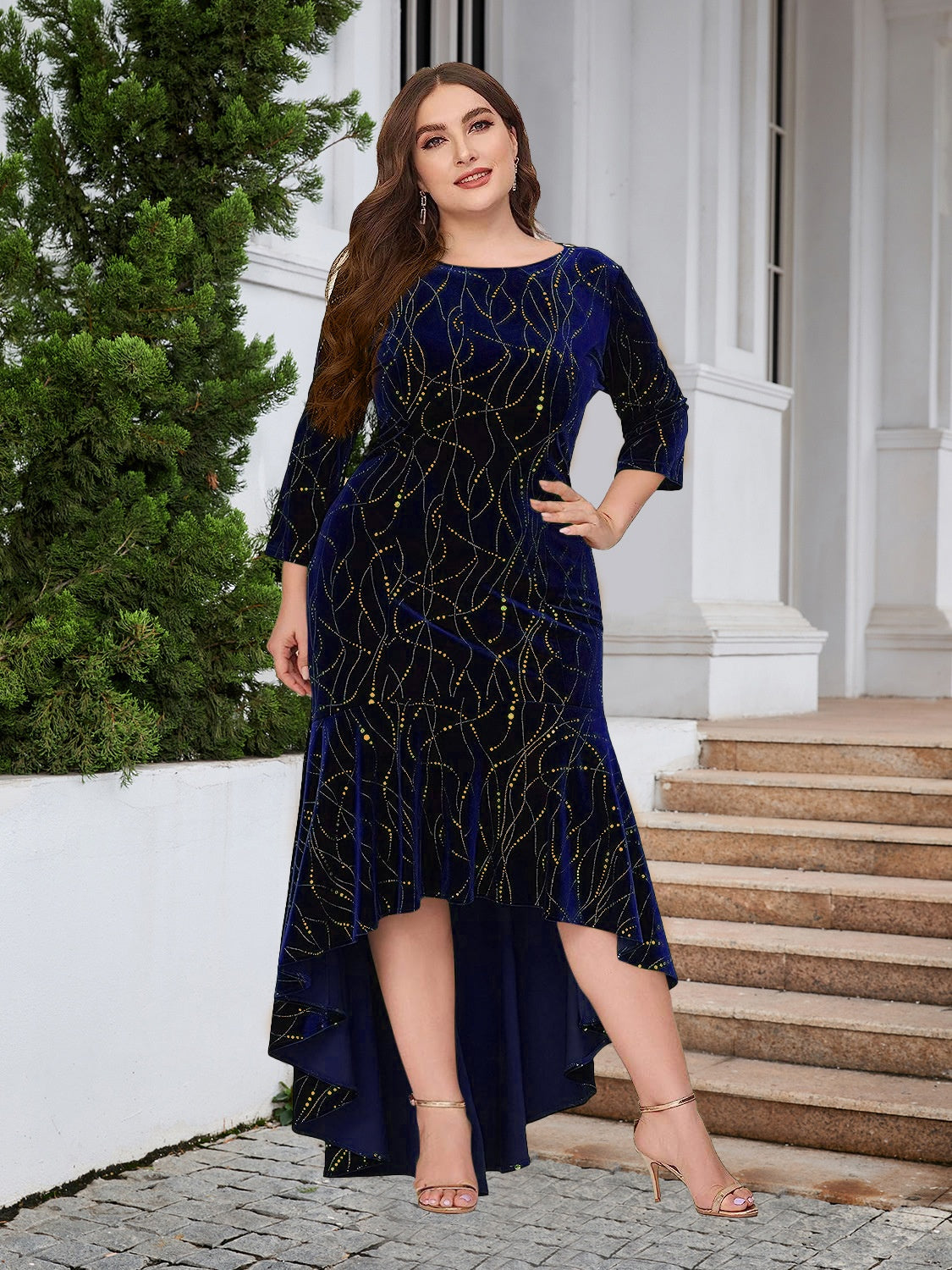 Elegant Plus Size Ruffle Hem High-Low Dress