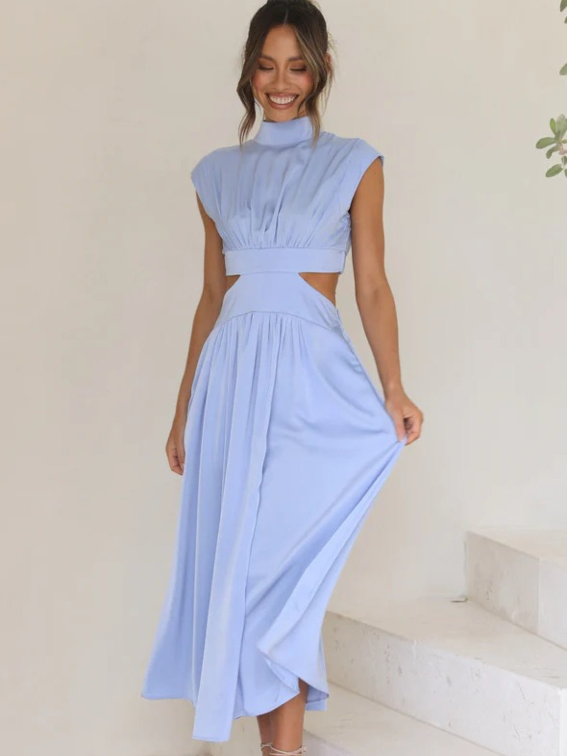 Mock Neck Sleeveless Ruched Dress with Cutout – Bold Elegance in Vibrant Colors