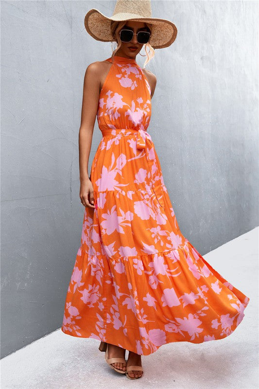 Elegant Halter Maxi Dress – Buttoned Sophistication with Waist Tie