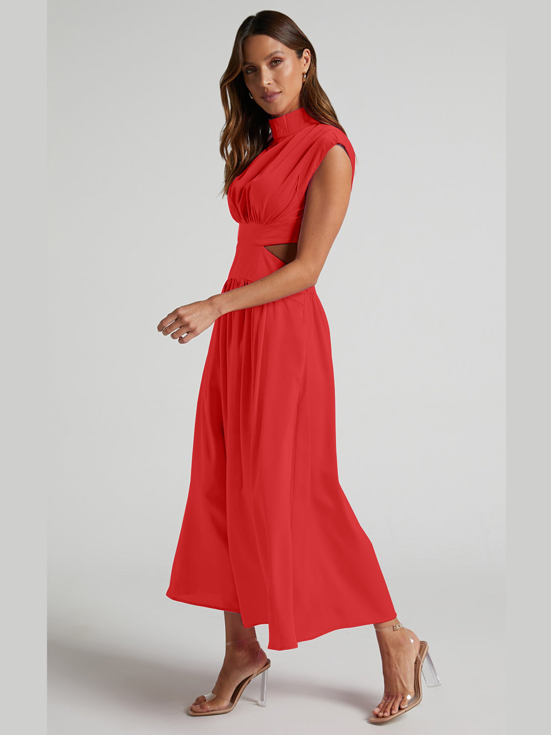 Mock Neck Sleeveless Ruched Dress with Cutout – Bold Elegance in Vibrant Colors