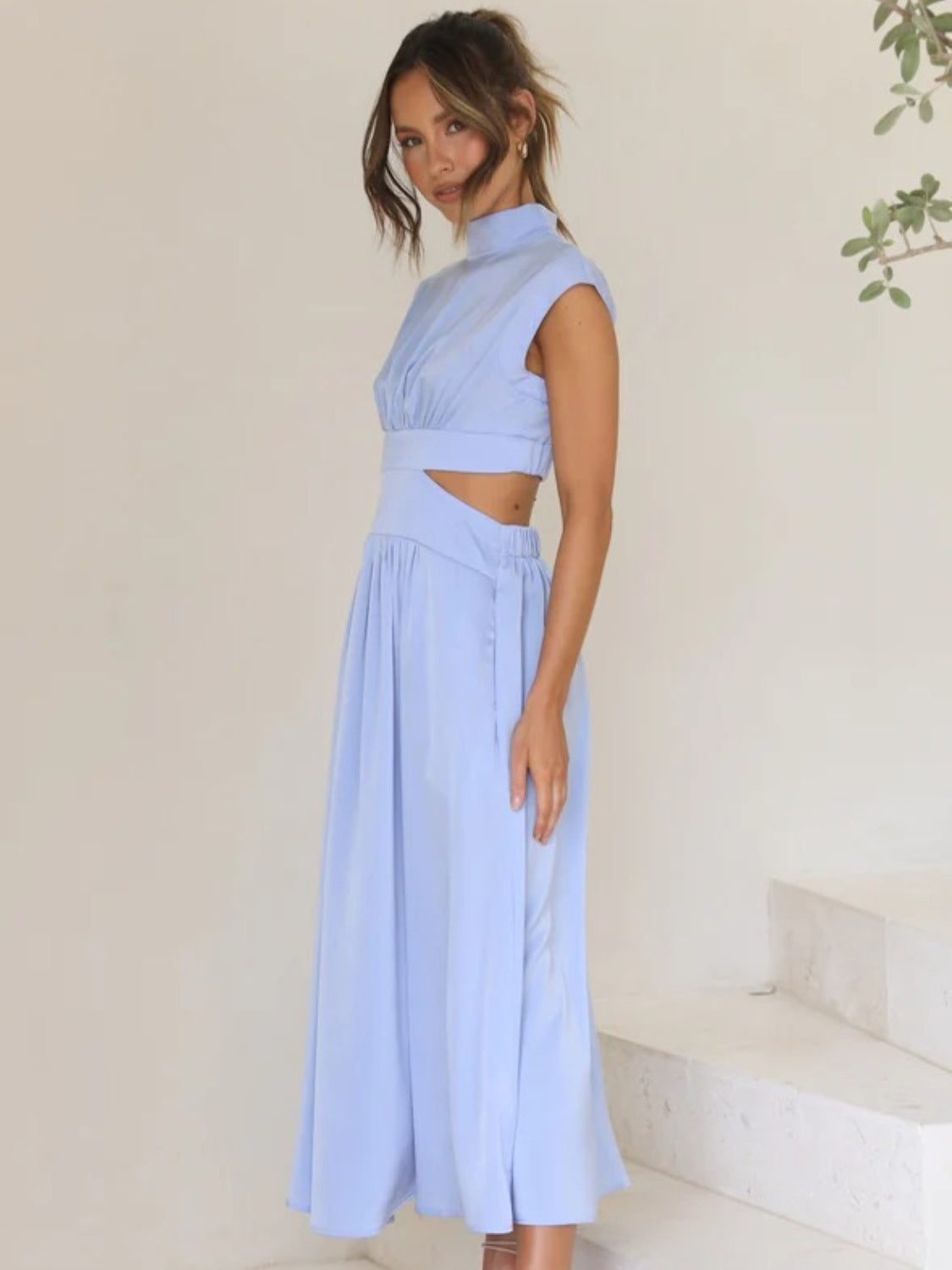 Mock Neck Sleeveless Ruched Dress with Cutout – Bold Elegance in Vibrant Colors