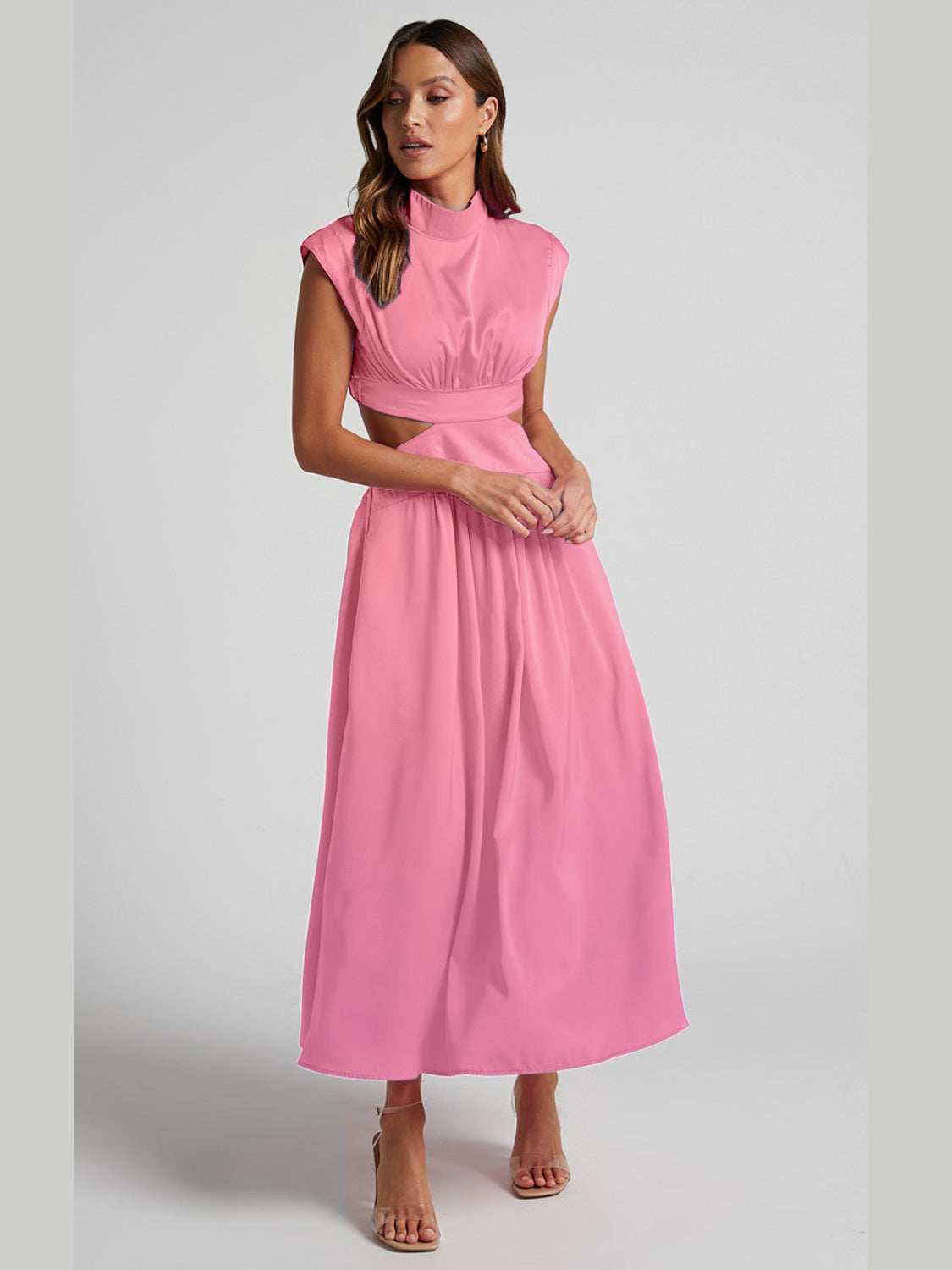 Mock Neck Sleeveless Ruched Dress with Cutout – Bold Elegance in Vibrant Colors