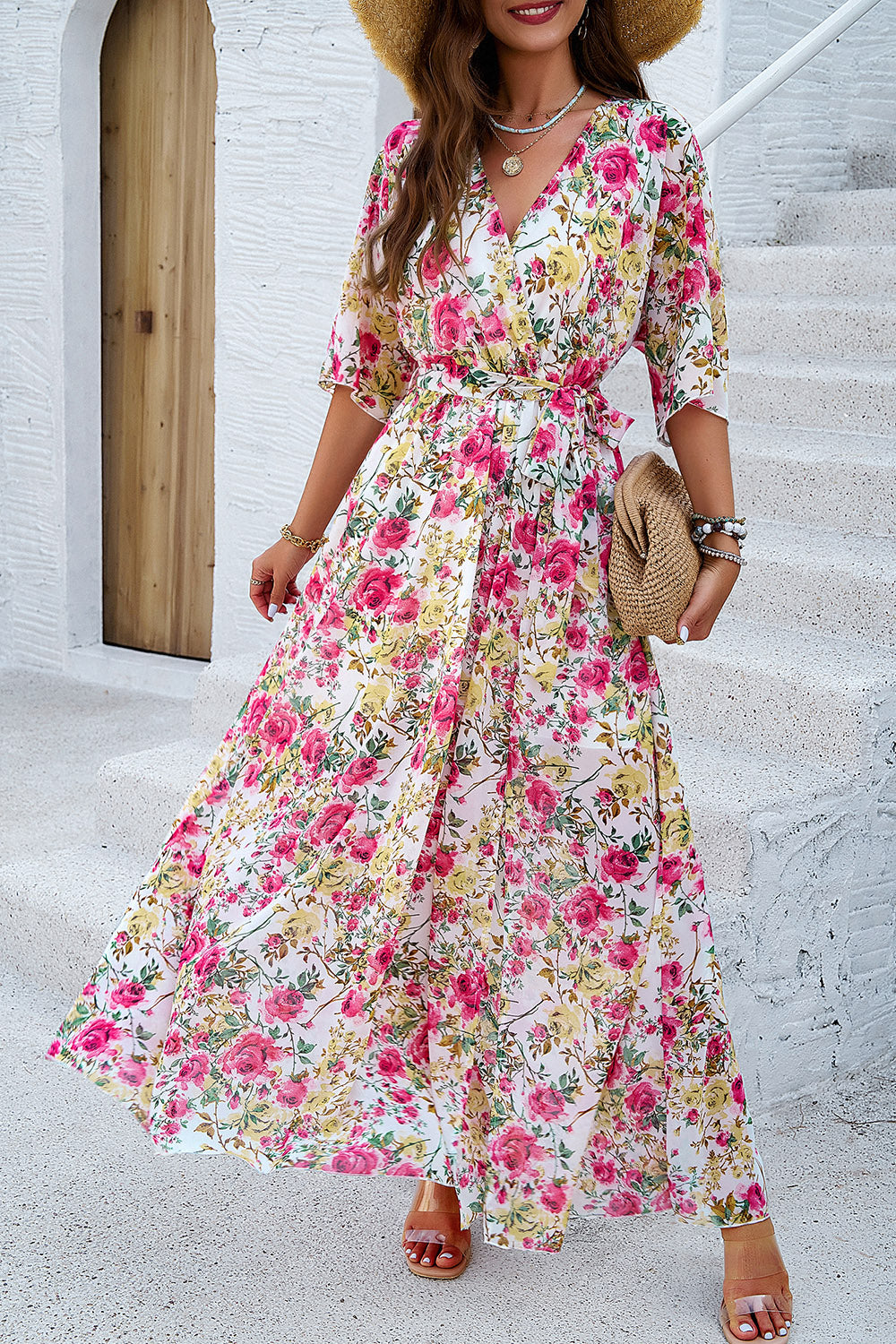 Elegant Printed Tied Half Sleeve Slit Dress