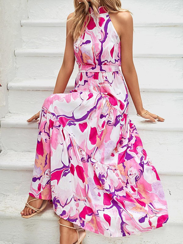 Elegant Halter Maxi Dress – Buttoned Sophistication with Waist Tie