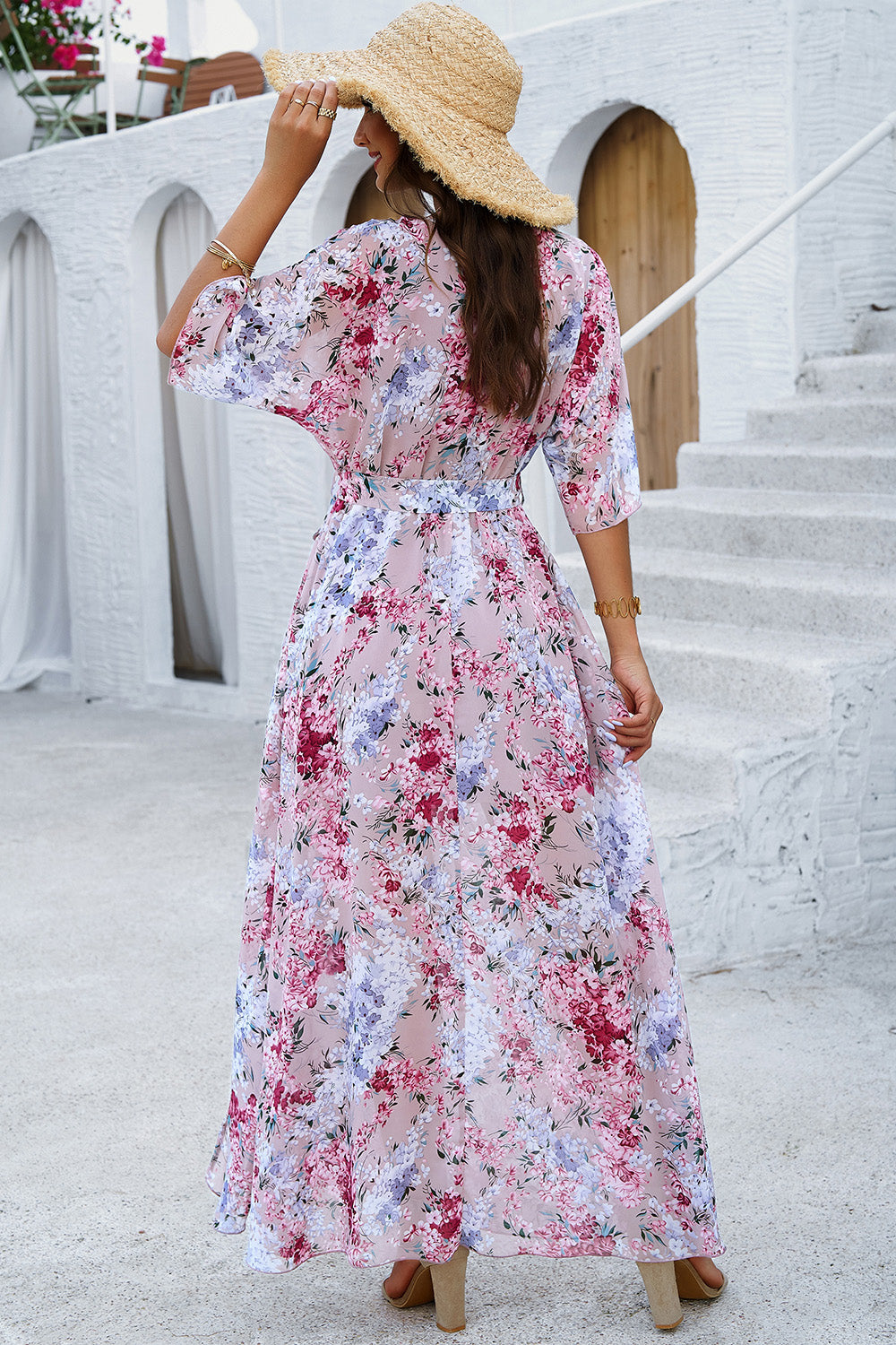 Elegant Printed Tied Half Sleeve Slit Dress