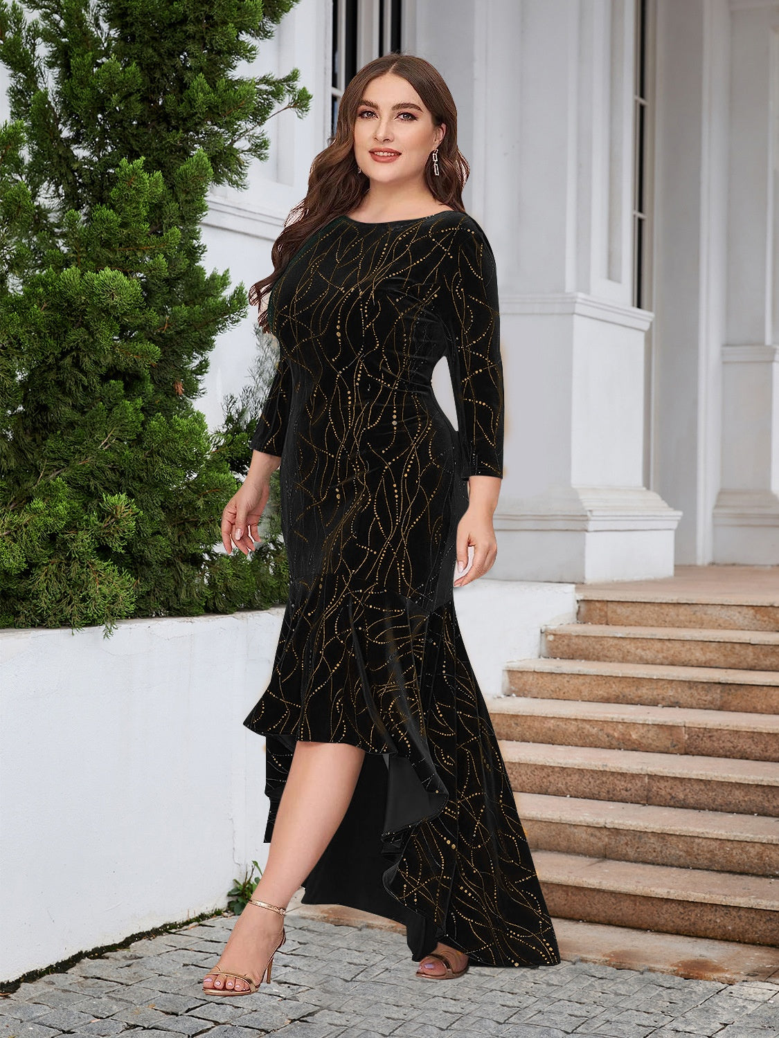 Elegant Plus Size Ruffle Hem High-Low Dress