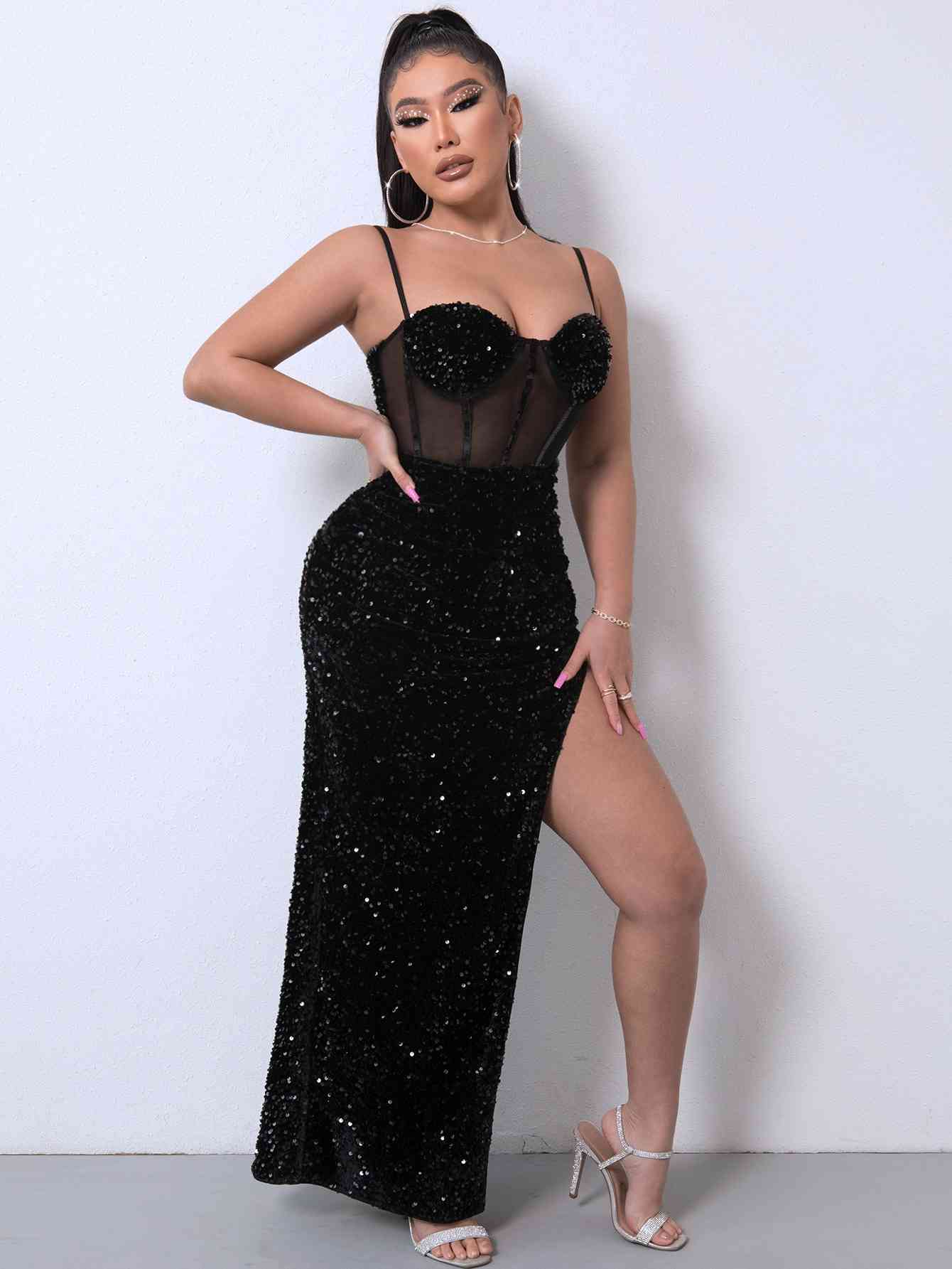 Sequin Spliced Mesh Maxi Dress – Elegance Meets Glamour