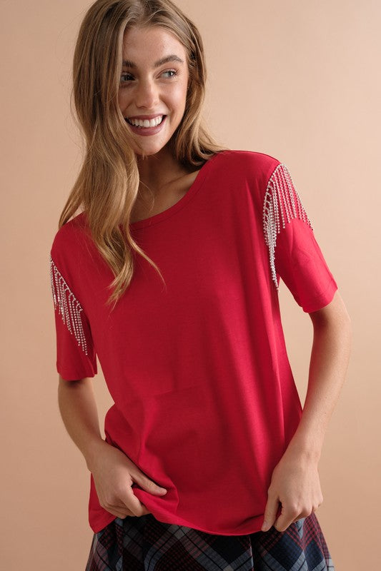 Elevate Your Casual Look with our Rhinestone Fringe Shoulder Detail T-Shirt