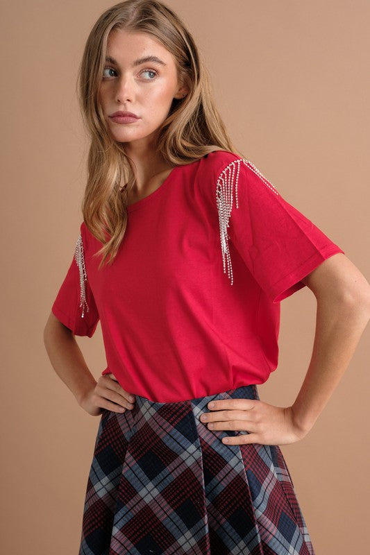 Elevate Your Casual Look with our Rhinestone Fringe Shoulder Detail T-Shirt
