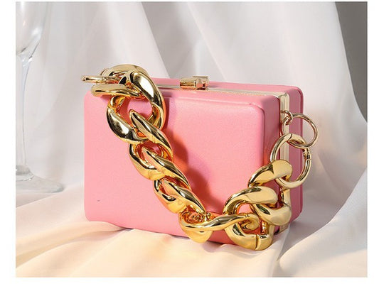 Simply Square Purse with Clip Top Open Closure and Detachable Shoulder Chain Strap