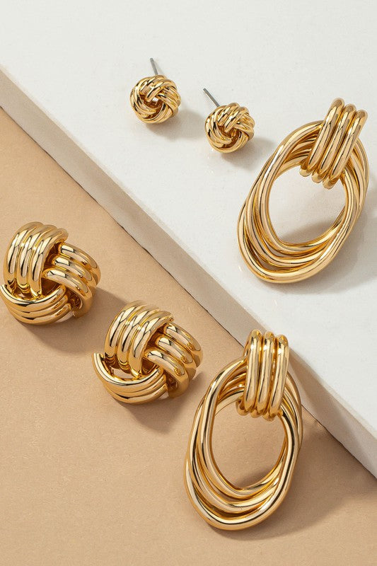 Premium Trio Metal Knot and Hoop Earrings | Shiny Gold Plating | Set of 3