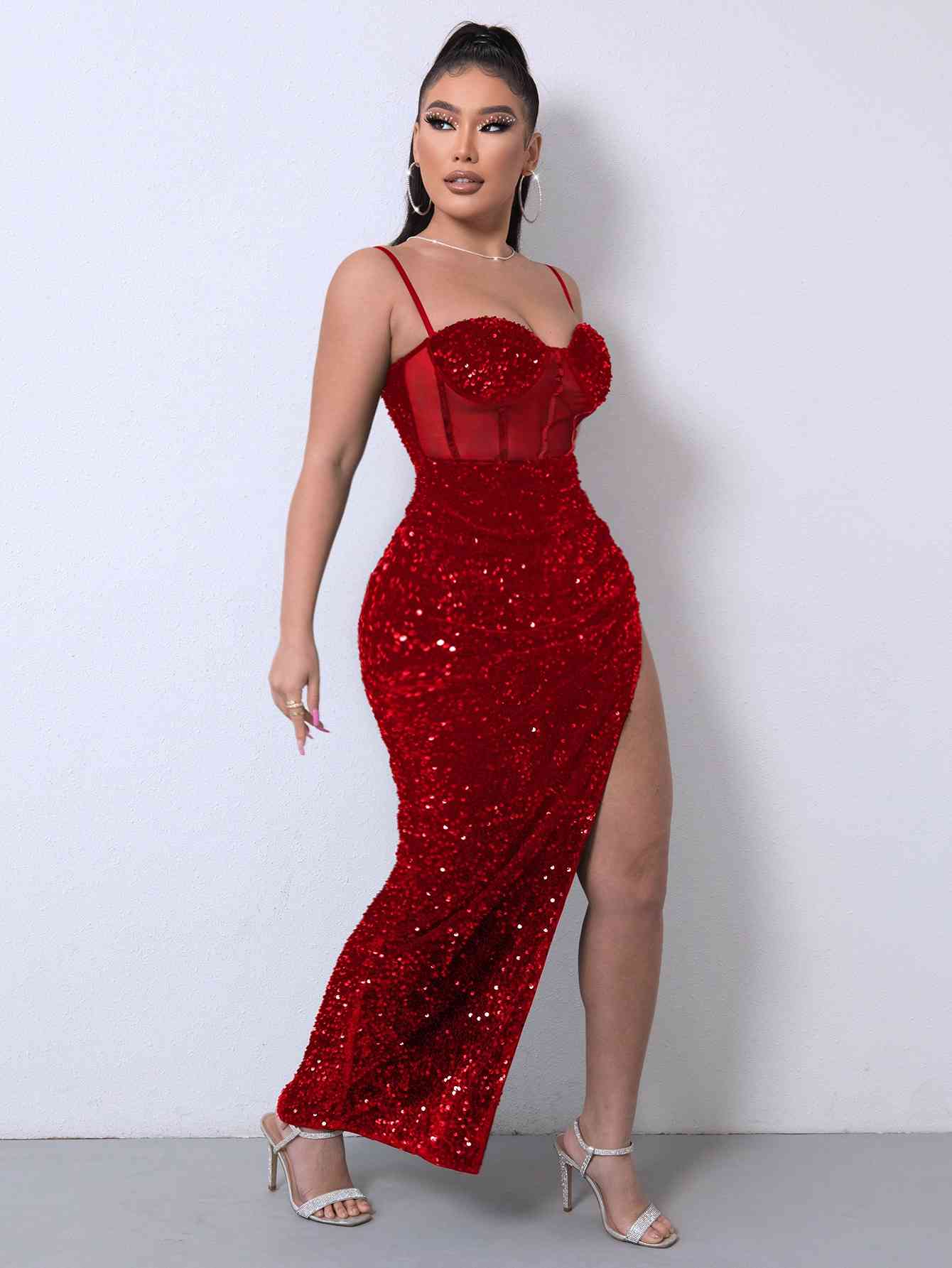 Sequin Spliced Mesh Maxi Dress – Elegance Meets Glamour