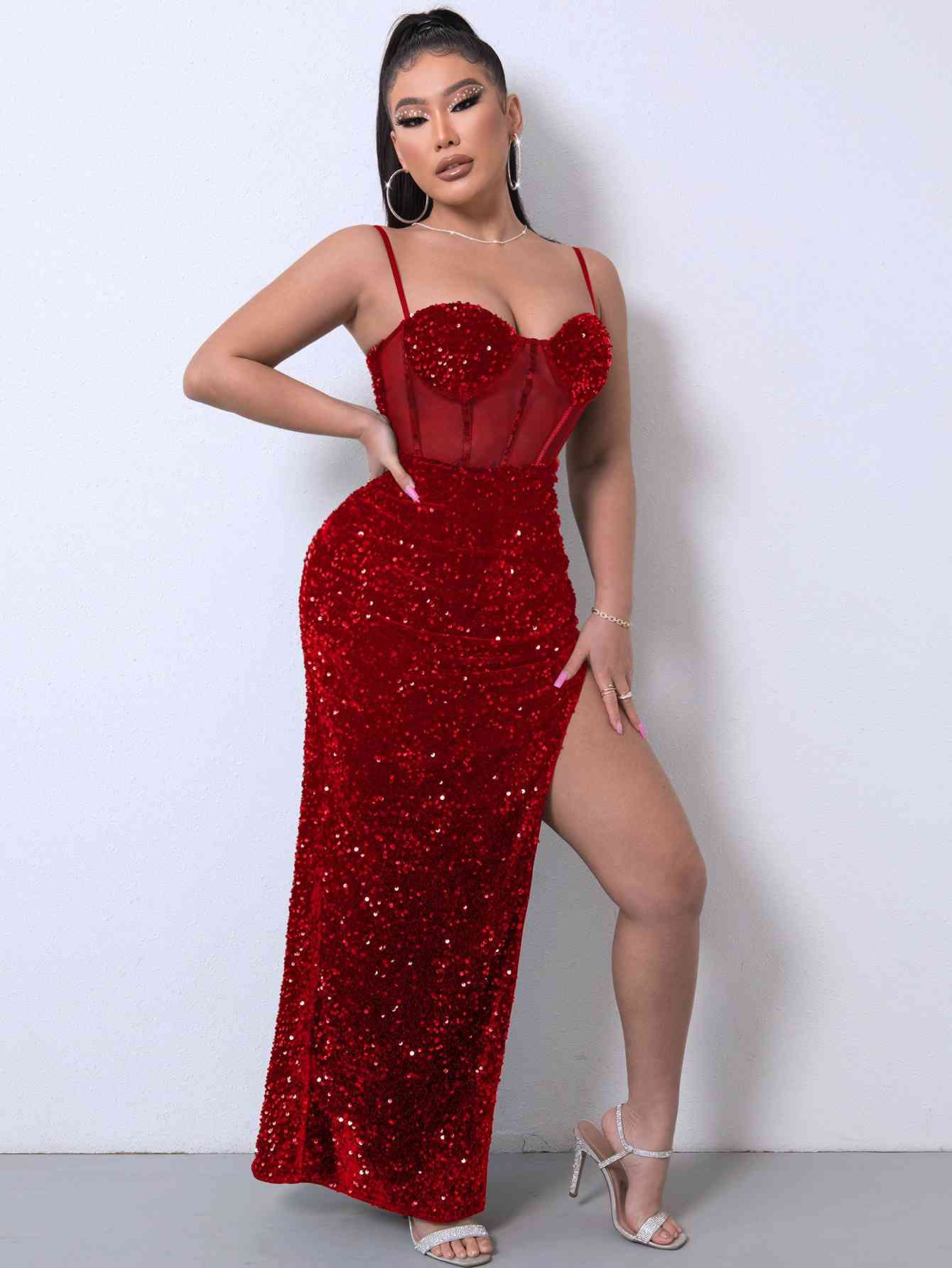Sequin Spliced Mesh Maxi Dress – Elegance Meets Glamour