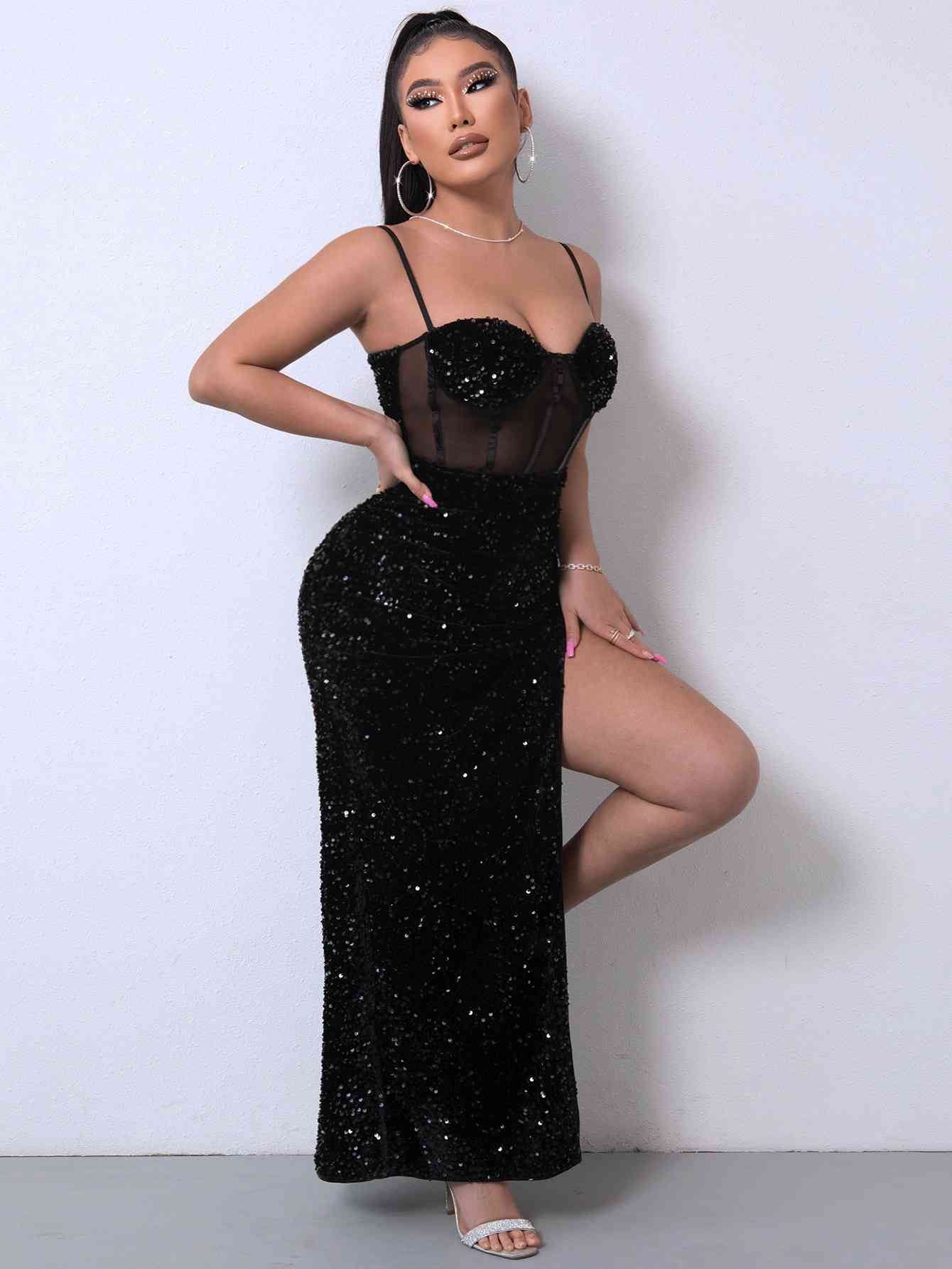 Chic Sequin Spliced Mesh Maxi Dress | Elegance Meets Glamour