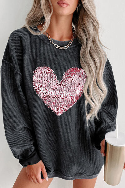 Heart Sequin Round Neck Sweatshirt – Cozy with a Sparkle of Love