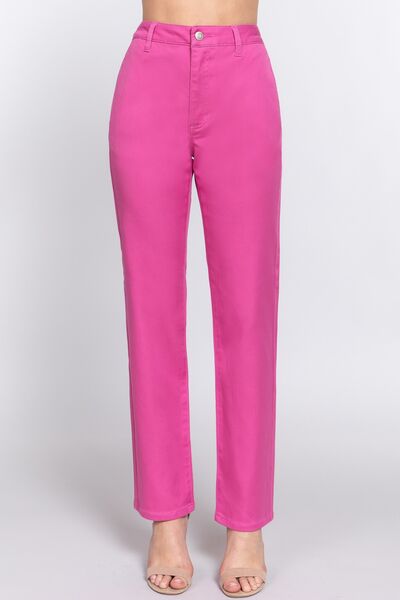 High Waist Straight Twill Pants – Bold & Versatile in Vibrant Pink