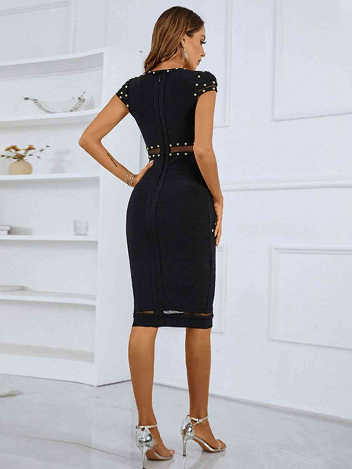 Studded Spliced Mesh V-Neck Dress | Casual Chic with a Touch of Glam
