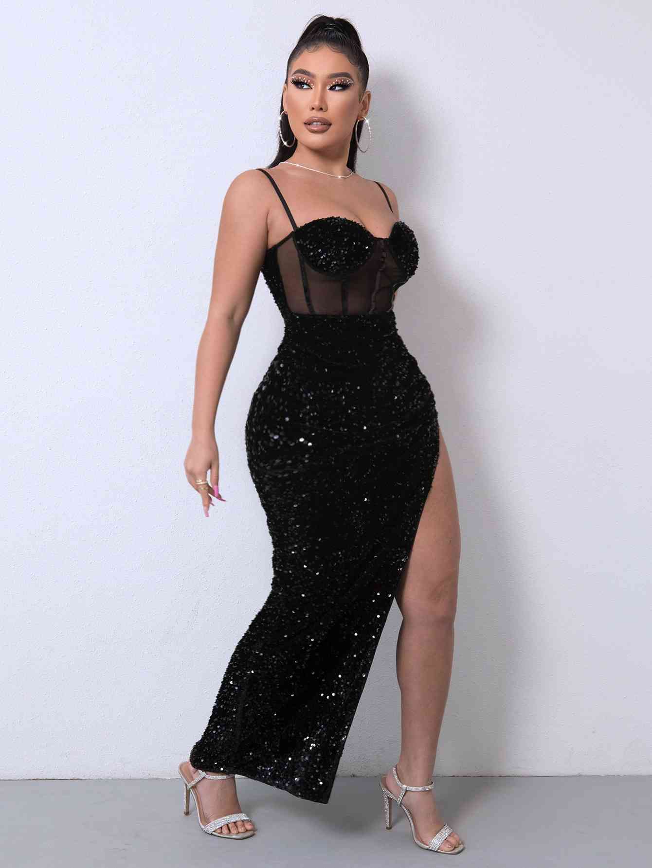Sequin Spliced Mesh Maxi Dress – Elegance Meets Glamour